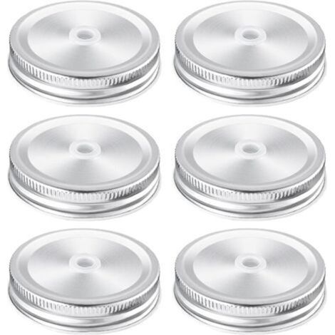 Lot de 6 couvercles de bocaux Mason avec trou de paille 70 mm Couvercles de Pots Mason pour bocaux à ouverture normale, couvercles, Argentés (1/5)