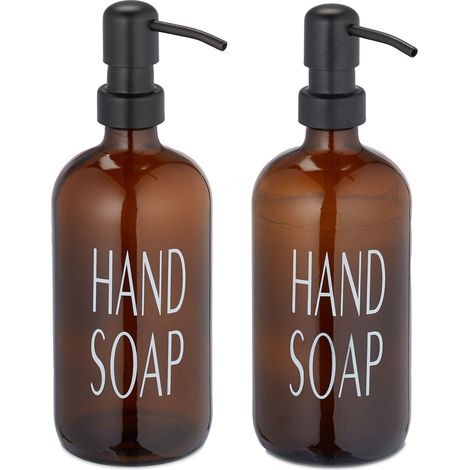 Relaxdays Glass Soap Dispenser, Set of 2, Stainless Steel Pump Head, Refillable, Bathroom, Kitchen, 500 ml, Brown