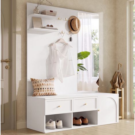 Vestiaire d'entrée mural 120x35x159 cm en panneaux de bois blanc, avec rangement gain de place pour entrée FloraGrace (1/5)