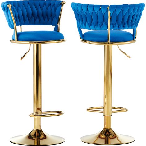 Set 2 Sgabelli Cucina Bar Schienale Intrecciato in Velluto Blu e Struttura Oro (1/5)