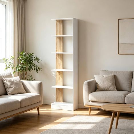 Mueble de almacenamiento biblioteca abierta 5 niveles 45 x 21 x 170 cm blanco y roble HAVRYA (1/5)
