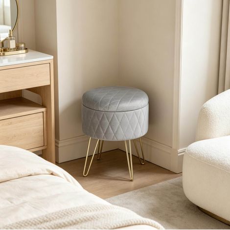 Pouf de rangement rond 31,5x31,5x36 cm en velours gris clair, gain de place pour salon FloraGrace (1/5)