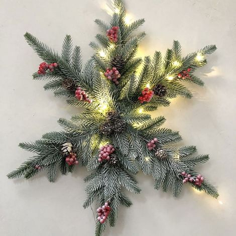 Guirlande Lumineuse En Forme De Flocon De Neige - 40 Cm - Pin Givré Avec Baies Et Cônes De Pin - Décoration De Noël Pour Porte D'Entrée