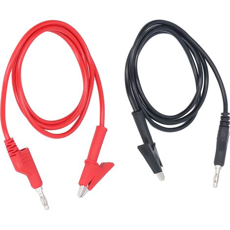 Câble de test électrique silicone 4mm avec fiches banane laiton moulées, cosses crocodiles, 20A 3000V, ouverture 10mm, modèle 70035-1, lot 2 fils rouge noir (1/5)