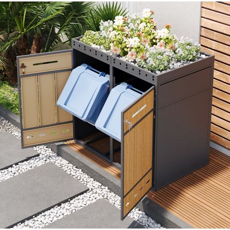 Abri pour poubelles double 120-240 L avec bac à plantes, acier gris et effet bois HAVRYA (1/5)