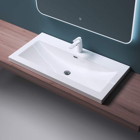 Mai & Mai Waschbecken Einbauwaschbecken Waschschale Waschtisch Mineralguss Weiß Rechteckig 1 Armaturenloch Überlauf-Funktion Breite: 100cm Col01