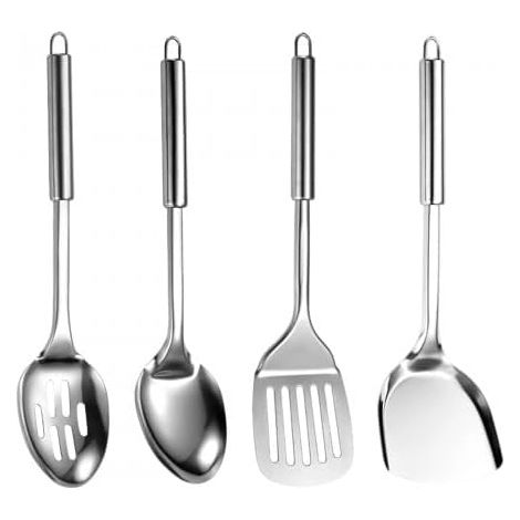 Este juego de cocina de acero inoxidable de 4 piezas incluye una espátula, una cuchara de cocina, un colador, un raspador de cocina, una cuchara para escurrir y un cucharón para remover, cocinar y ser (1/5)