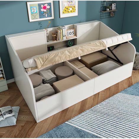 Lit banquette 194x105x75 cm, rangement hydraulique, station USB Type C, sommier à lattes, bois MDF et massif blanc (1/4)