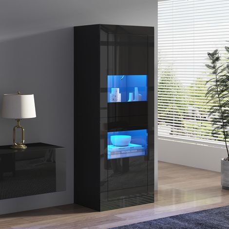 Vitrine en verre noire brillante avec éclairage LED, 1 étagère en verre, 61x42x162 cm, meuble de rangement autoportant, armoire haute. (1/5)