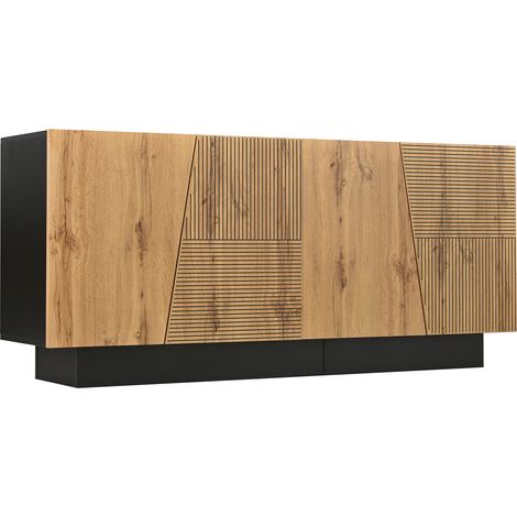 Credenza moderna 160 cm in truciolato nero e legno con ripiano regolabile (1/5)