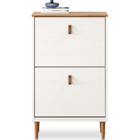 Idimex – Meuble à chaussures compact 2 abattants – Capacité 10 paires – Bois massif blanc et chêne – Dimensions 96 x 59 x 25 cm (1/4)