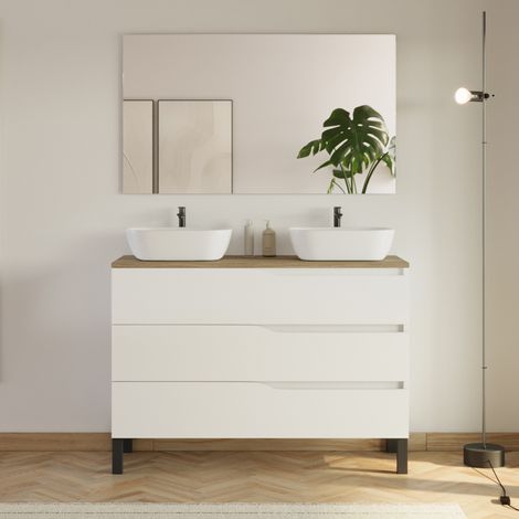 Meuble de salle de bain 120cm avec plateau miel et 2 vasques à poser Zeus - 3 tiroirs - blanc - MATA (1/5)