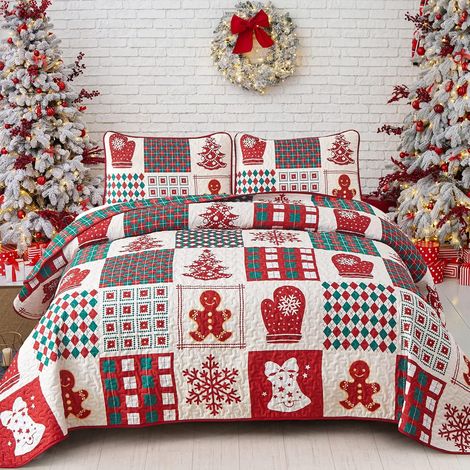 Colcha navideña de 240×260 cm con copos de nieve rojos, reversible, acolchada + 2 fundas de almohada de 50×75 cm. (1/5)