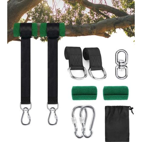 Corde di sospensione per amaca/altalena, 2 cinghie da 300 cm, kit di montaggio con ganci, moschettoni adatti agli alberi, carico massimo 300 kg, colore nero. (1/5)