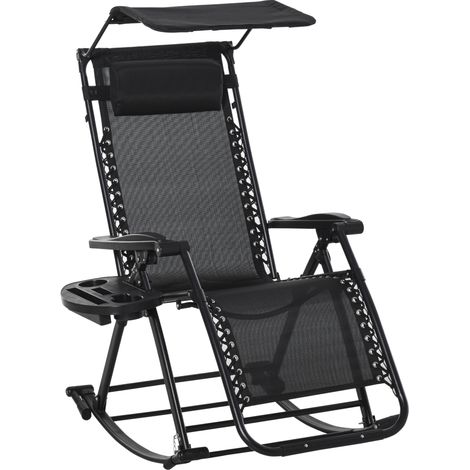 Outsunny Garden Rocking Chair Folding Recliner Outdoor Adjustable Sun Lounger Rocker Zero-Gravity Seat with Headrest Side Holder Patio Deck - Black