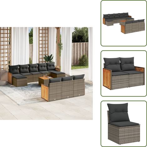 The Living Store Salon de jardin 11 pcs avec coussins gris résine tressée - Ensemble Salon De Jardin - Meuble De Jardin - Mobilier Extérieur - Chaise Longue - Set Salon De Jardin
