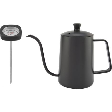 Bouilloire à café en acier inoxydable 600ml, bec verseur col de cygne, théière avec thermomètre (Noir) (1/5)