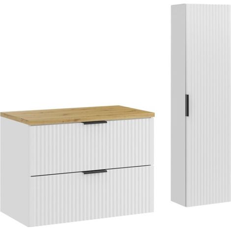 NOXERA 80 cm Badezimmer-Set – Alpinweißes hängendes Waschtischunterschrank mit Eichenholzplatte für das Waschbecken und Wandkolonne