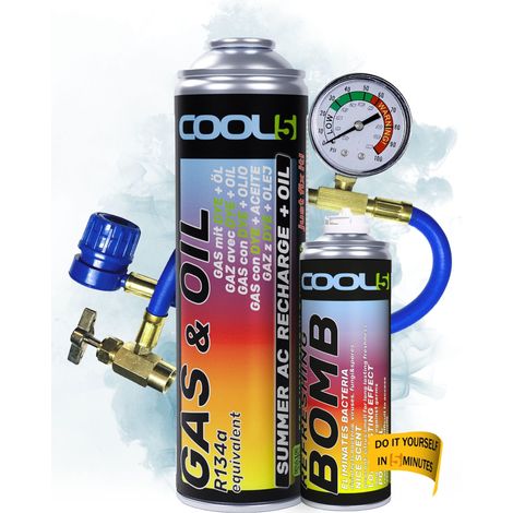 COOL5 2in1 – Kältemittelersatz R134a mit Öl, zum Befüllen von Klimaanlagen für Pkw (Baujahre 1995–2016) + Druckschlauch mit Manometer + Kühlbombe + 500 ml APC