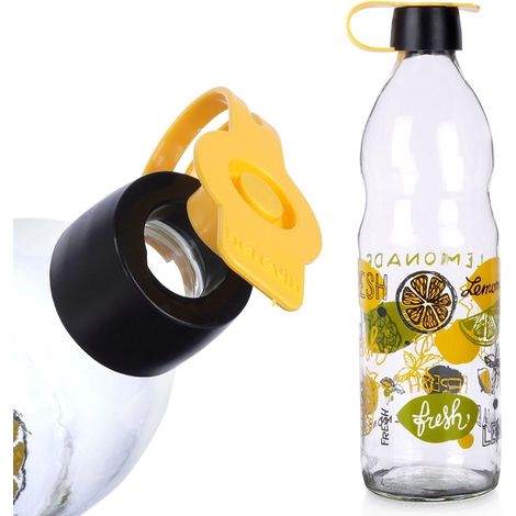 Bouteille en verre à motif d'agrumes. Bouchon synthétique noir et jaune. Idéale pour la limonade, l'eau, les jus de fruits ou autres boissons. (1/5)