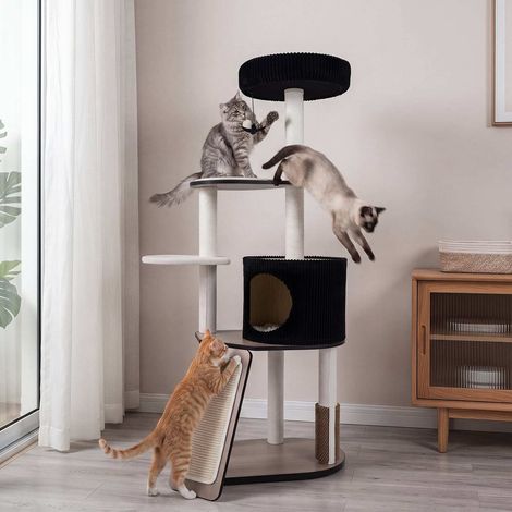 Arbre à chat noir et blanc 155 cm, tour avec condo, plateformes, griffoirs et rampe pour chats d'intérieur (1/4)