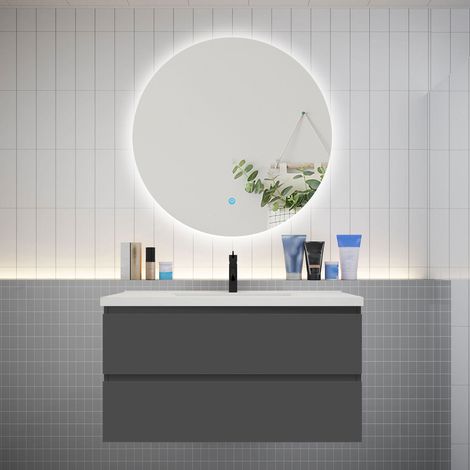 Meuble de salle de bain à 2 tiroirs avec lavabo et miroir rond multifonctionnel LED - anthracite L.100cm suspendu (1/5)