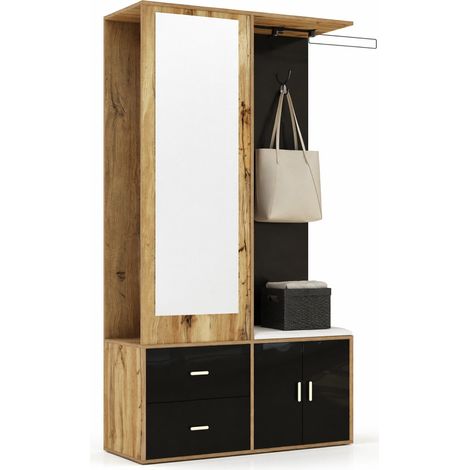 Dressing d’entrée avec miroir, banc à chaussures, étagère et rangements suspendus, meuble gain de place 100 x 38 x 180 cm, noir et bois clair – CHICFURN (1/5)