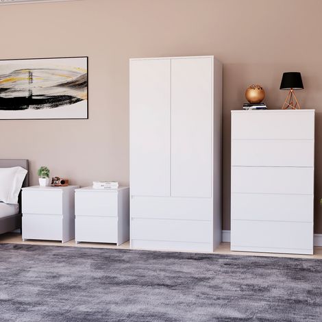 4 Piece Denver Bedroom Set, 2 Drawer Large Bedside Chest x2, 5 Drawer Chest, 2 Door 2 Drawer Wardrobe, White (1/2)