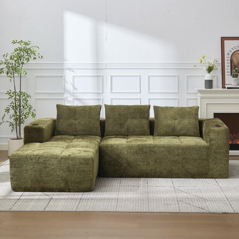 Ce canapé d'angle en forme de L de 258 cm de large, entièrement compressé à sa largeur d'origine, est livré avec trois coussins : classiques, simples et confortables, (1/5)