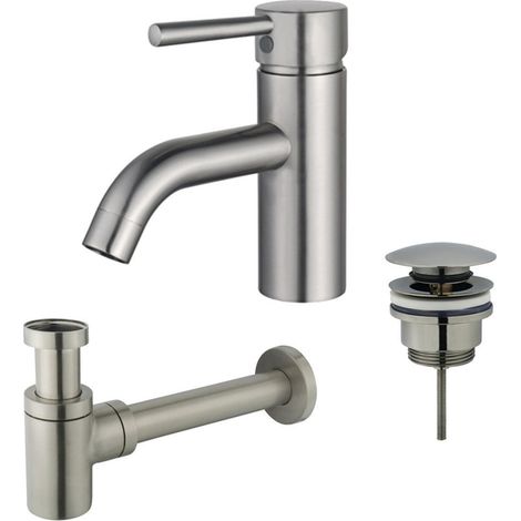 FugaFlow Eccelente Sobrado Kit mitigeur lavabo - robinet bas - bonde clic clac - siphon design bas - PVD Inox brossé (1/4)