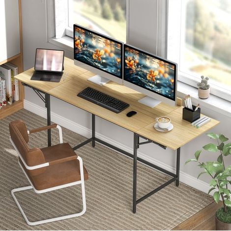 Bureau pliant en bois finition chêne avec pieds métal noir, longueur réglable 100/135/170 cm (1/5)