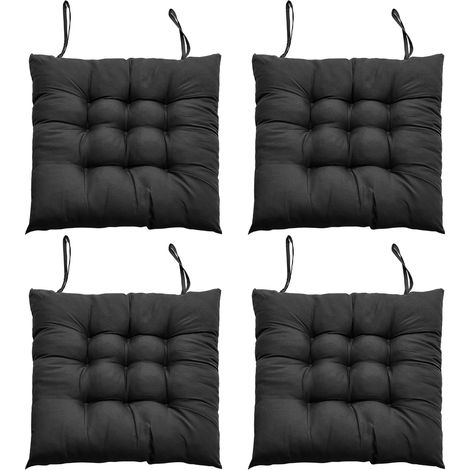 Lot de 4 coussins d'assise pour chaises de salle à manger, 40 x 40 cm, confortables, avec attaches, noirs.