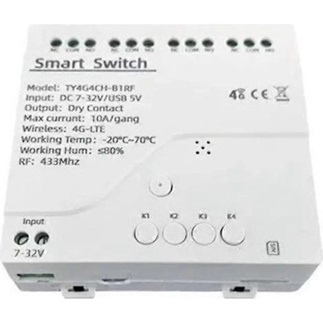 Relais intelligent Tuya Smart Switch 4G LTE avec interrupteur GSM intelligent 433 MHz, contrôle sans fil via application, 4 canaux, contrôleur amovible, alimentation CC 7-32 V. (1/5)