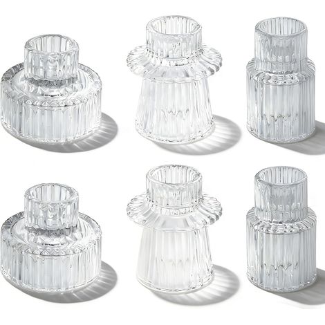 Lot de 6 bougeoirs en verre 2 en 1 pour bougies chandelles - Petits photophores transparents pour décoration de table de mariage, table à manger, fête, Noël, l'Avent - Décoration vintage (1/5)