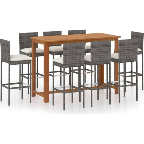 vidaXL 9 Piece Garden Bar Set with Cushions Poly Rattan Grey (1/5)