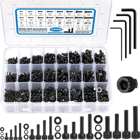 1600PCS Metric Screw Assortment M2 M3 M4 M5, 12.9 Grade Alloy Steel Metric Screw and Nut Assortment Kit, Hex Socket Head Cap (1/5)