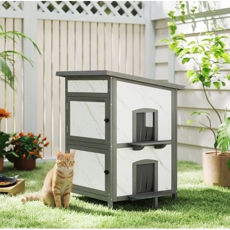 Caseta exterior para gatos de madera 60 x 60 x 88 cm blanco y gris OKMYHOME (1/5)