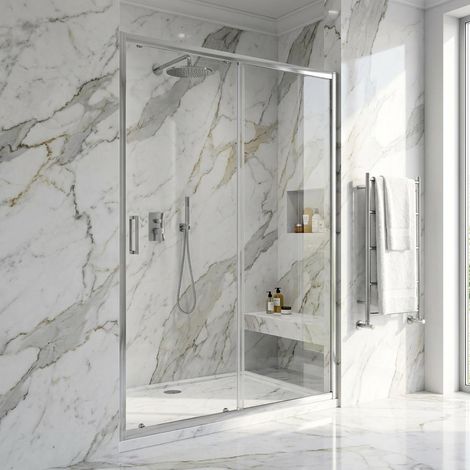 Porta doccia scorrevole 140 cm vetro trasparente 6mm reversibile con profili finitura cromo