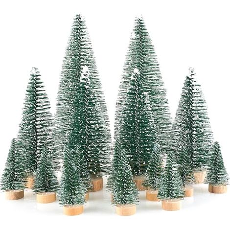 Lot de 16 Mini Sapins de Noël Décoratifs Artificiel Miniature Vert Givré 4,5/10/15 cm Décoration Table Bricolage Vitrine Village (1/5)