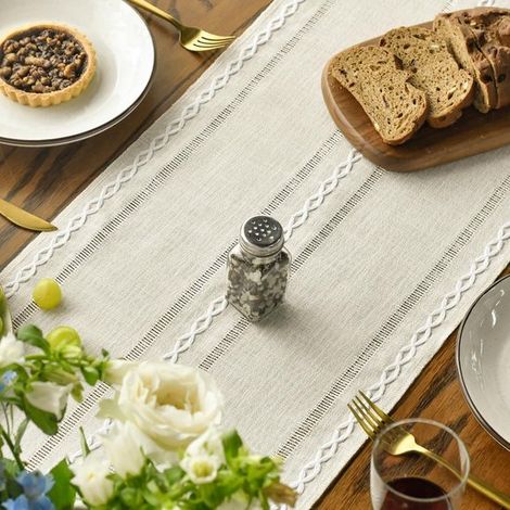 Tischläufer im Boho-Stil cremefarben Landhausstil mit Quasten abwaschbar für Partys Geburtstage Feste und Hochzeiten drei Streifen in Hellgrau 33 33