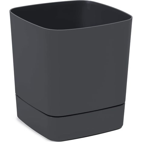 Pot Carré avec Soucoupe Intégrée - 16 x 16 cm x 17,6 cm, 4 L - Plastique léger et résistant - Intérieur et extérieur - Anthracite (1/5)