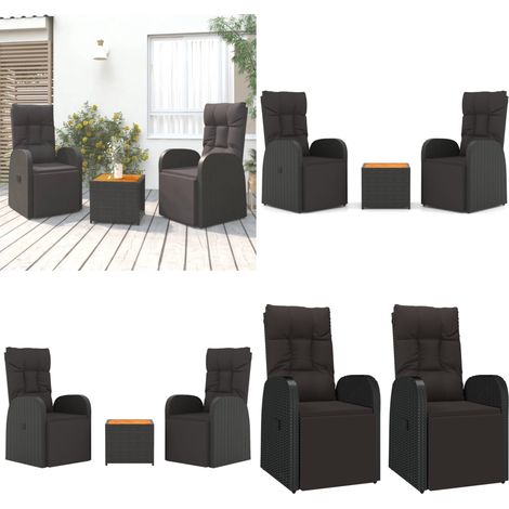 Set Mobili Giardino 3pz Nero Polyrattan e Legno Massello Acacia - Sedie da giardino - Tavolo da giardino