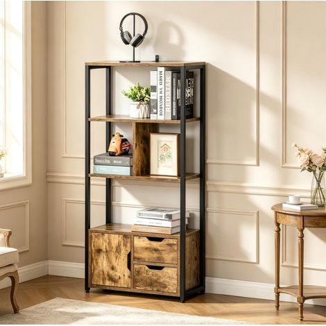 Librería alta con estantes, armario y 2 cajones 58 x 24 x 122 cm negro y madera DESVIAE (1/5)