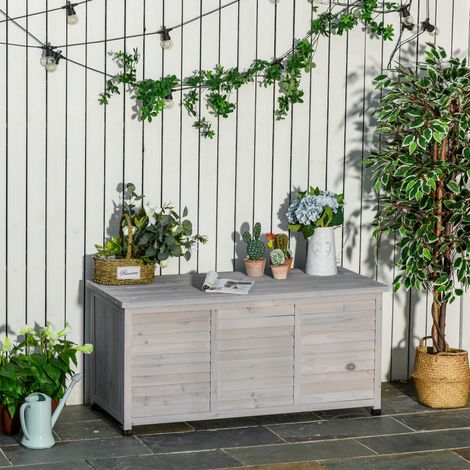 Cassapanca da giardino 127x56x60 cm, ampio spazio contenitore, con coperchio apribile, legno, grigio chiaro (1/5)