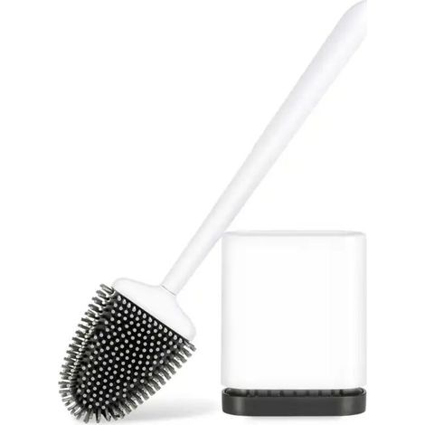 Brosse WC Silicone, Brosse de Toilette Silicone et Support, Balayette WC Suspendu Plate à Séchage Rapide avec Manche Long, Balai Toilette Salle de Bain, Autoportant/Mural, Blanc Mat