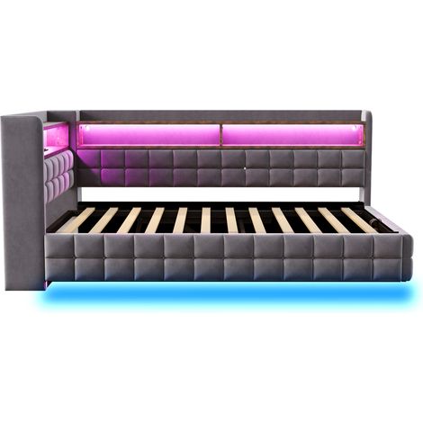 Letto imbottito multifunzione 90 x 200 cm con contenitore idraulico e LED grigio (1/5)