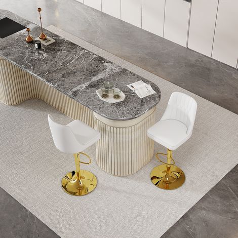 Tabourets de bar réglables hauteur lot de 2 pivotants 360° dossier similicuir blanc matelassé pieds métal doré