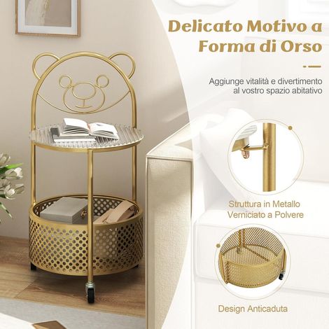 COSTWAY Tavolino da Caffè in Vetro, Tavolino Laterale a 2 Piani con Ruote, Motivo ad Orso, Cestino e Struttura in Metallo, Tavolino per Soggiorno, Camera da Letto e Studio (Oro) (1/5)