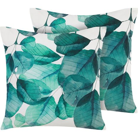 Conjunto de cojines decorativos de exterior de poliéster cuadrado azul verdoso y blanco 45 x 45 cm patrón de hojas multicolor Trebbo