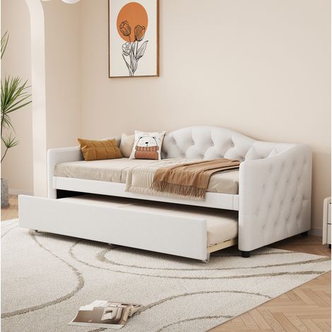 lit adulte couchage gigogne simple 90x200 lin beige OKMYHOME (1/5)